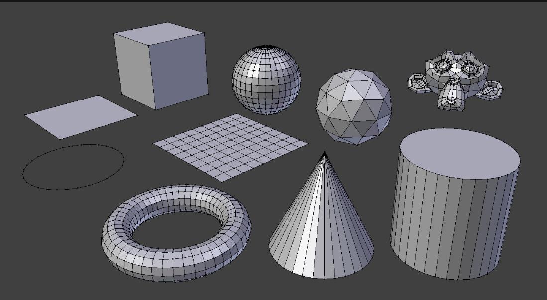 Les primitives de Blender : plan, cube, sphère UV, icosphère, cercle, grille, tête de singe, torus, cône et cylindre