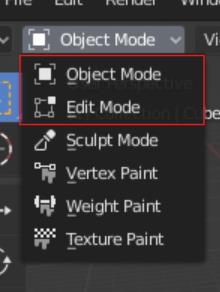 Menu de sélection du mode, avec Object Mode et Edit Mode encadrés