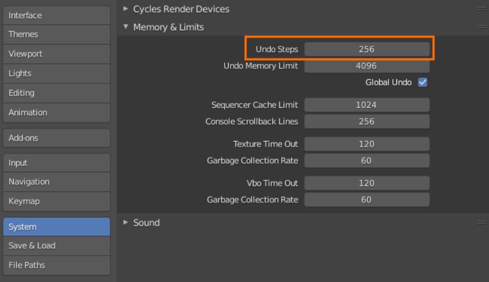 Preferences > System > Memory &amp; Limits : le champ Undo Steps est encadré